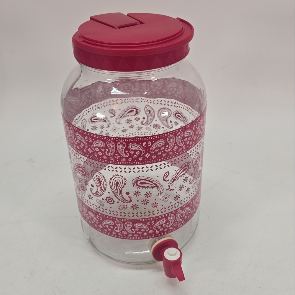 Vintage Glass Sun Tea Pitcher Red Paisley Pattern with spout Jar 1 Gal Great